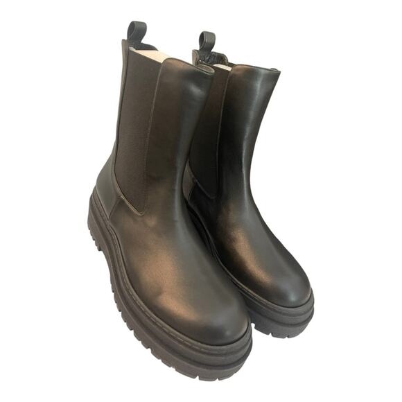 Good American Ankle Chelsea Boots Combat Lug Sole Pull On Leather Black Size 14 - Picture 2 of 10